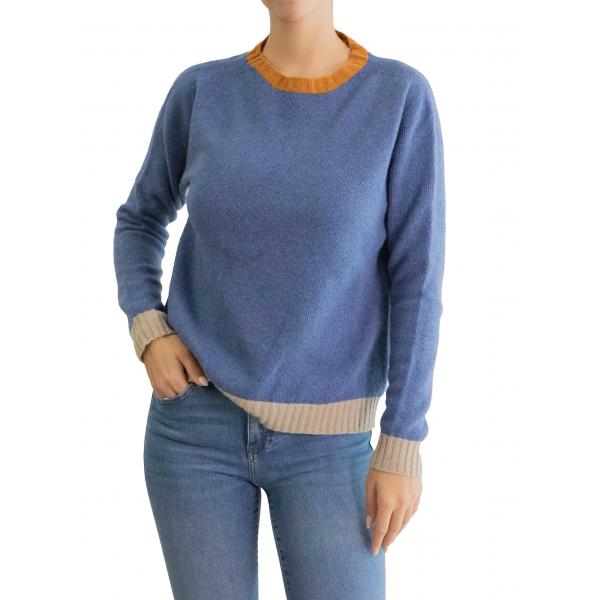 Maglia girocollo tinta unita con bordi colorati